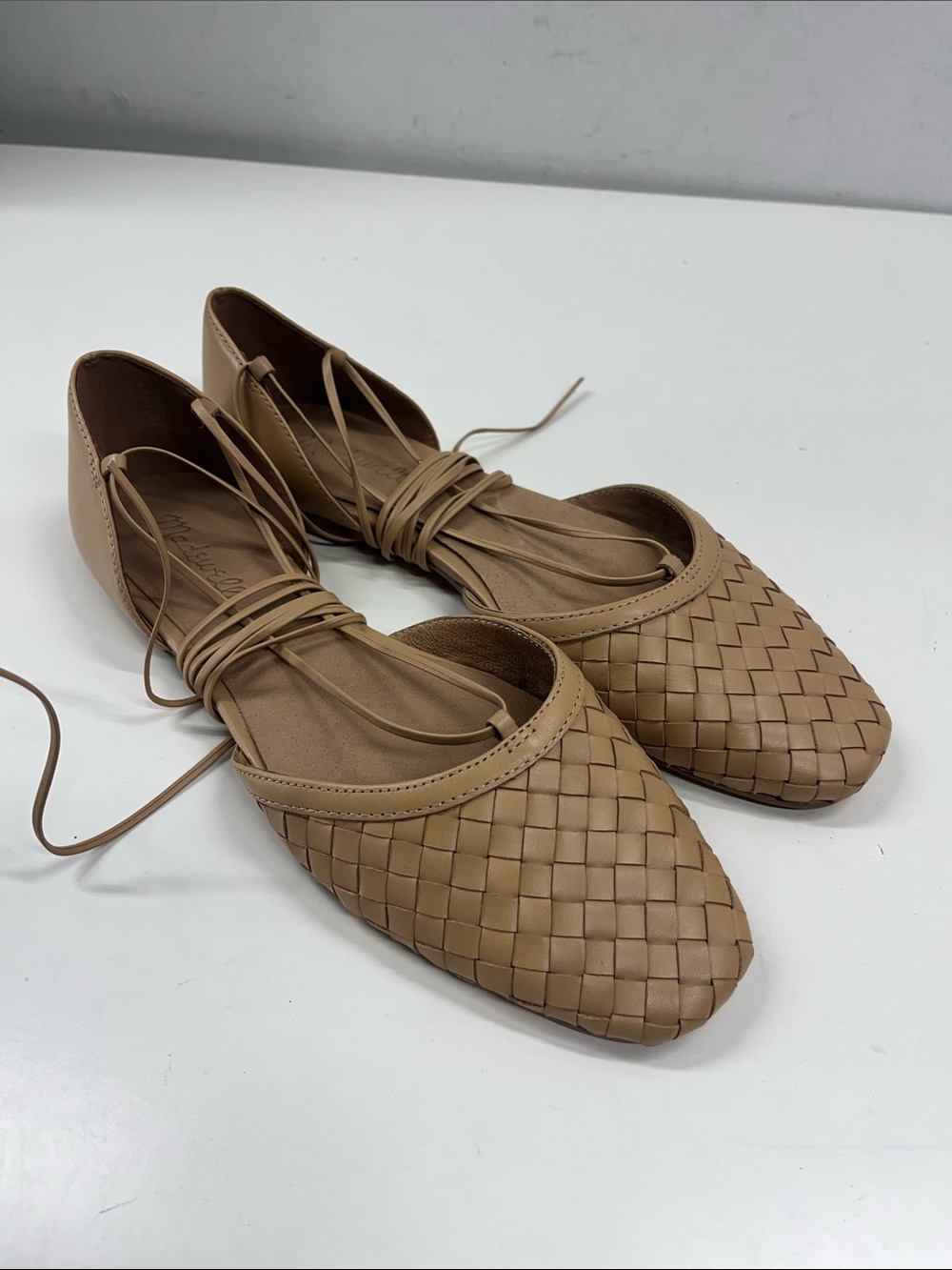 New Madewell The Celina Lace-Up Flat in Woven Leather Tan Size 8 - Picture 2 of 7
